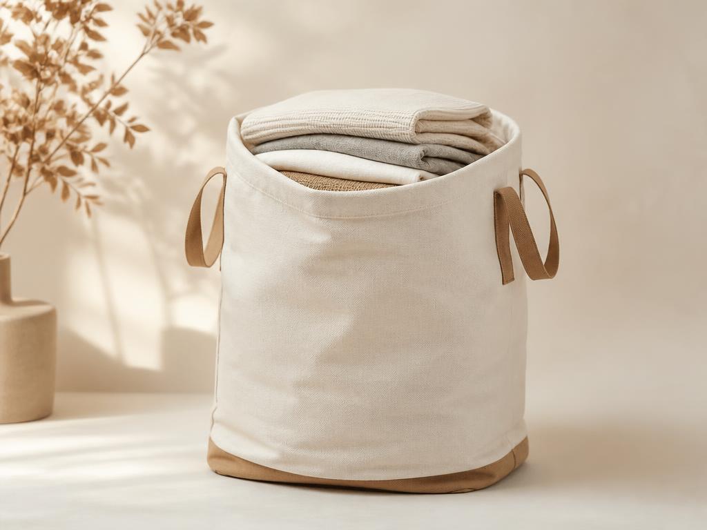 Standard-size cream canvas laundry bag filled with folded laundry